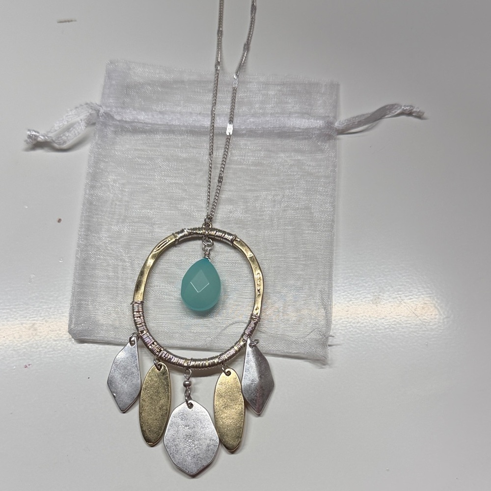 Silver & Gold Hoop Necklace with Aqua Teardrop Pendant